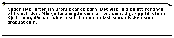 Textruta: Ngon letar efter sin brors oknda barn. Det visar sig bli ett skande p liv och dd. Mnga frtrngda knslor frs samtidigt upp till ytan i Kjells hem, dr de tidigare sett honom endast som: olyckan som drabbat dem.